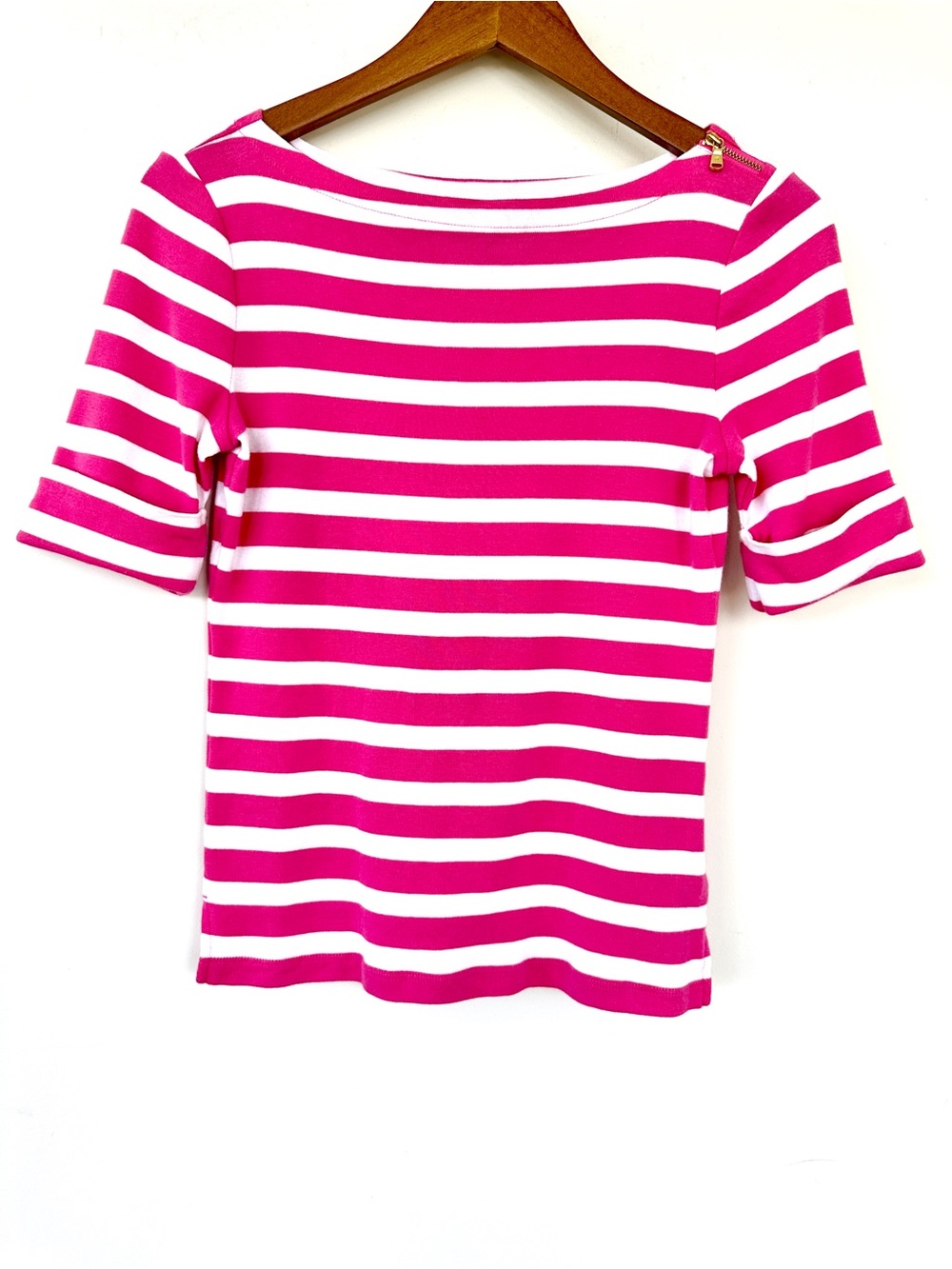 Ralph Lauren Striped Pink and White Striped Boatneck Top, Elbow Length Sleeves